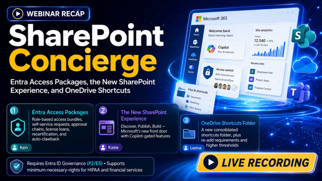 SharePoint Concierge webinar recap covering Entra Access Packages, the new SharePoint Discover Publish Build experience, and the new OneDrive Shortcuts folder.