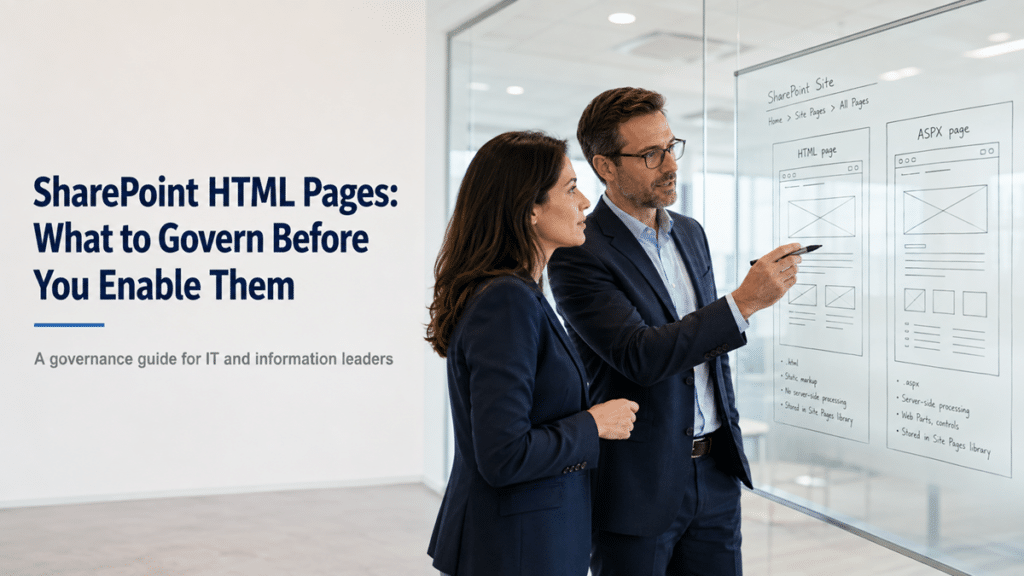 Two IT professionals review HTML and ASPX SharePoint page layouts on a glass board in a modern corporate office.
