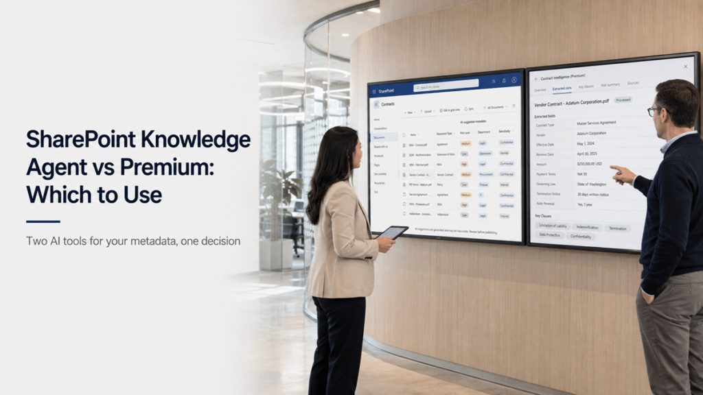 A content manager and IT leader compare AI-suggested SharePoint metadata with structured contract extraction on two side-by-side screens.