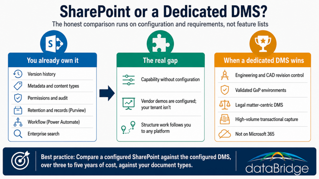 Infographic comparing SharePoint vs document management systems, showing owned Microsoft 365 capabilities, the configuration gap, and when a dedicated DMS wins.