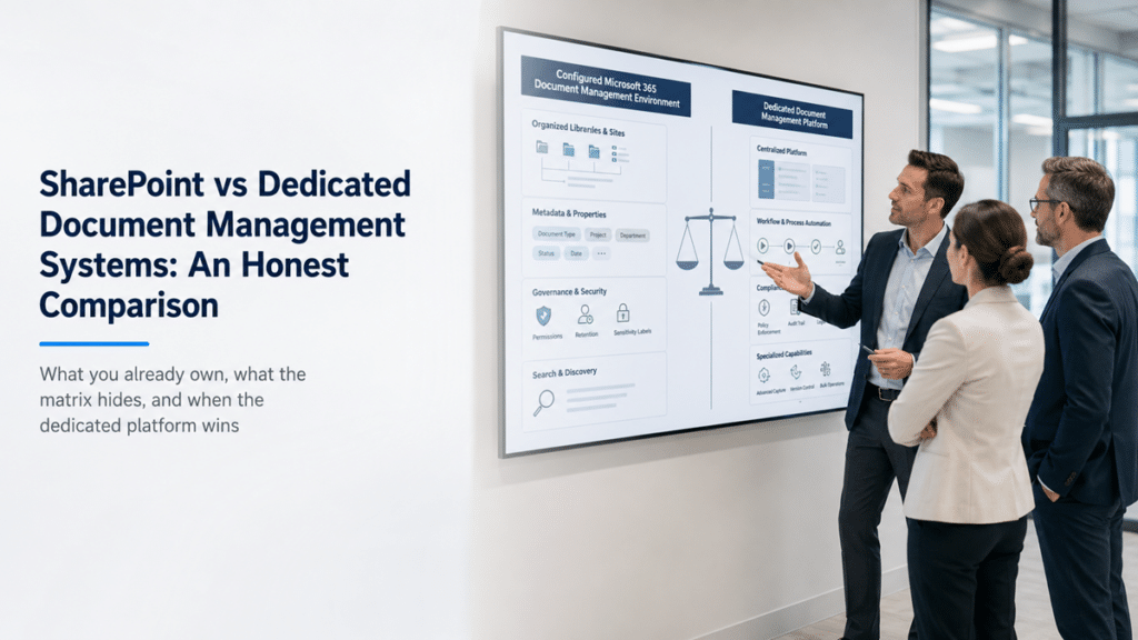 Three business professionals compare a configured Microsoft 365 document management environment with a dedicated document management platform.