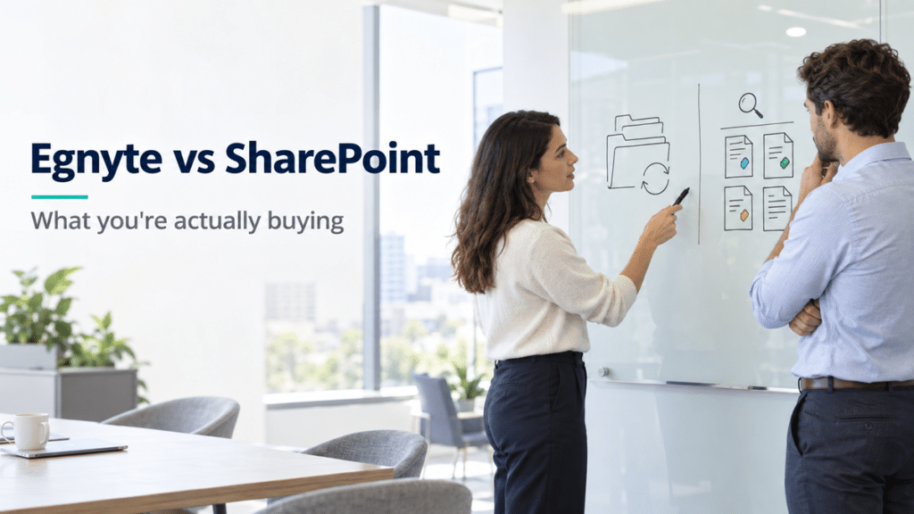 Two professionals comparing folder-based file management with structured SharePoint document organization on a glass board.