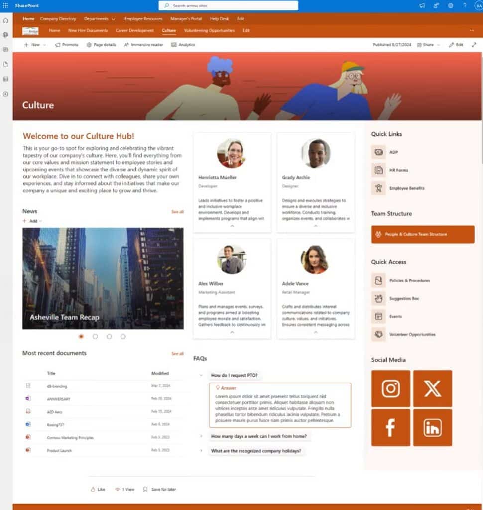 SharePoint department site example of a culture hub built only with standard web parts including news, people cards and an FAQ