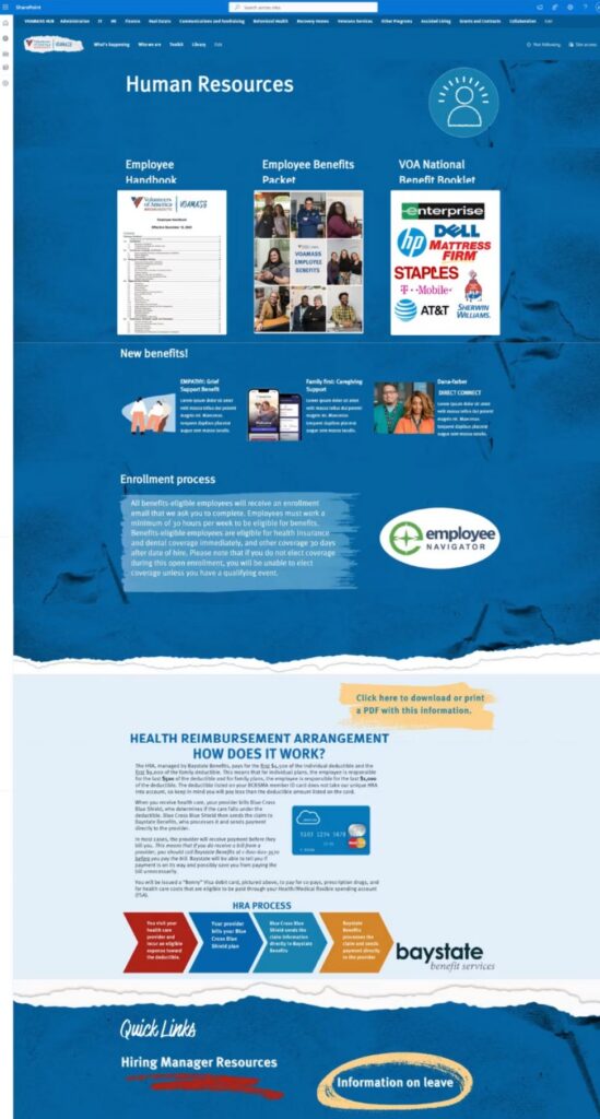 SharePoint department site example showing an HR page with the employee handbook and benefits documents at the top