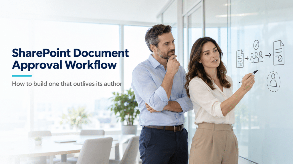 Two professionals reviewing a SharePoint document approval workflow diagram showing documents moving through reviewers and approval.