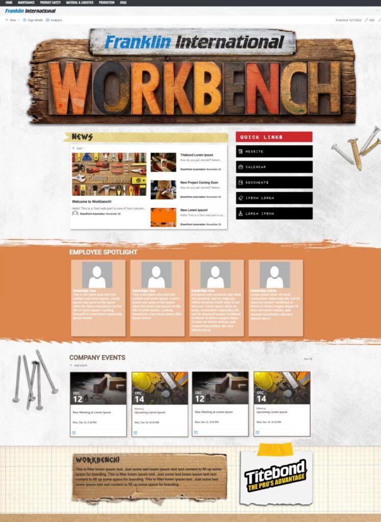 Themed SharePoint intranet design example for a manufacturer with a workbench banner and navigation organized by plant function