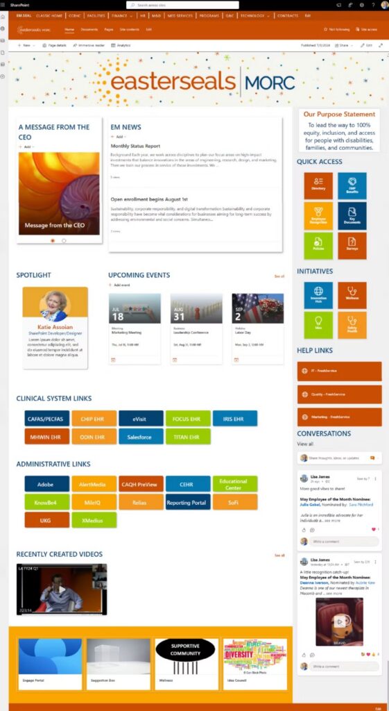 SharePoint intranet example for a nonprofit health services organization with clinical and administrative system links grouped on the home page