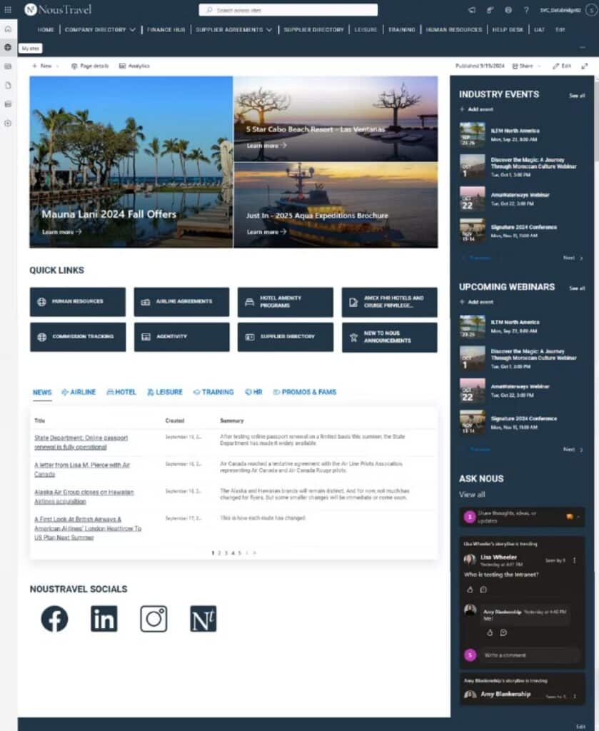 SharePoint intranet example for a travel company with quick links and a news list tabbed by line of business