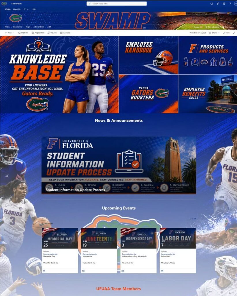 Heavily branded SharePoint intranet example for a university athletics department with resource tiles for the knowledge base and employee handbook