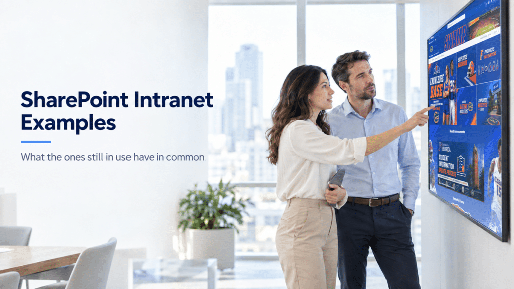 Two professionals reviewing a SharePoint intranet on a wall-mounted display in a modern office.