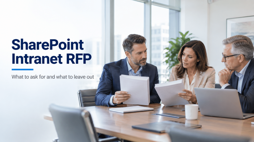 Three business professionals comparing SharePoint intranet RFP proposals in a bright executive boardroom.