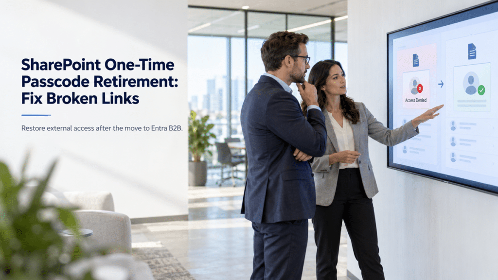 IT administrator and security lead reviewing restored SharePoint external guest access after an Access Denied issue following the move to Entra B2B.