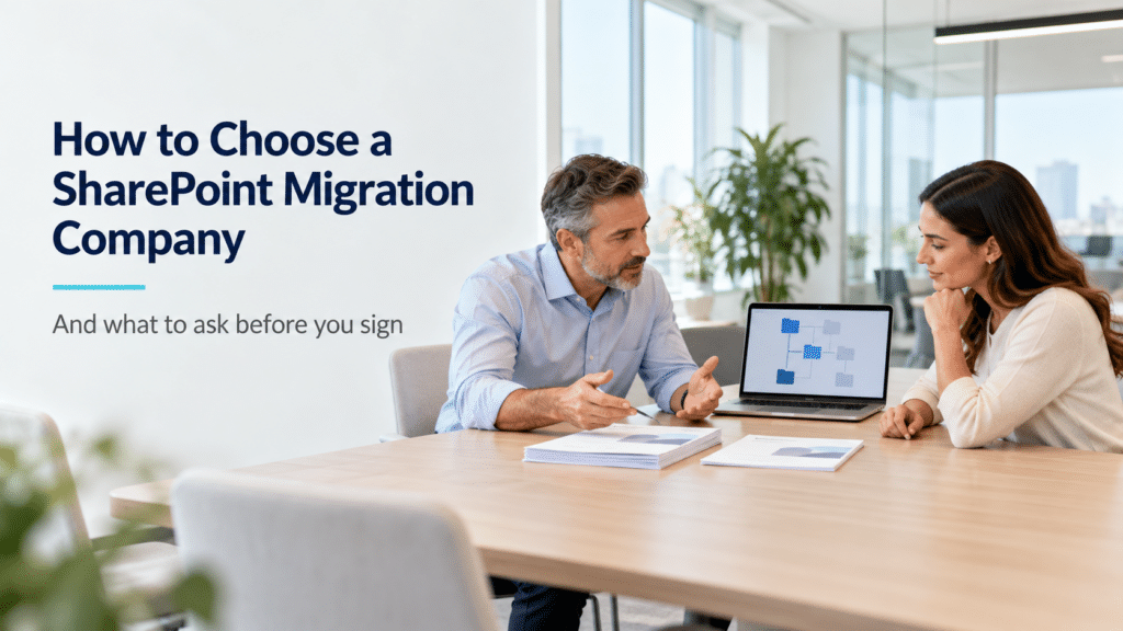 Two business professionals comparing SharePoint migration company proposals in a modern conference room, with a laptop displaying a migration folder structure.