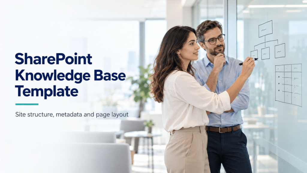 Two SharePoint consultants planning a knowledge base template on a glass board, showing site structure, metadata organization, and page layout.