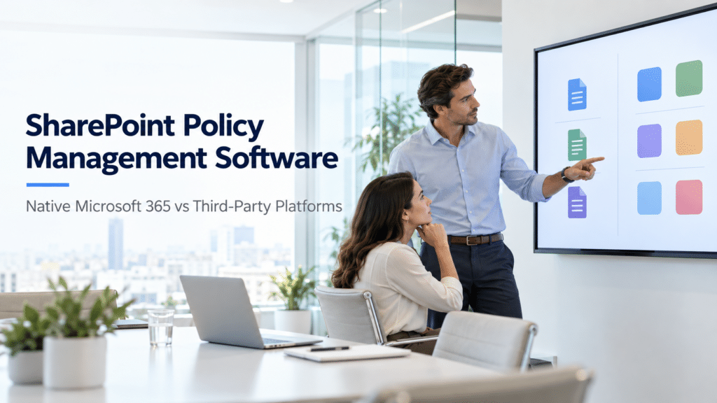 SharePoint policy management software comparison showing two professionals reviewing native Microsoft 365 document management capabilities versus third-party policy management platforms.