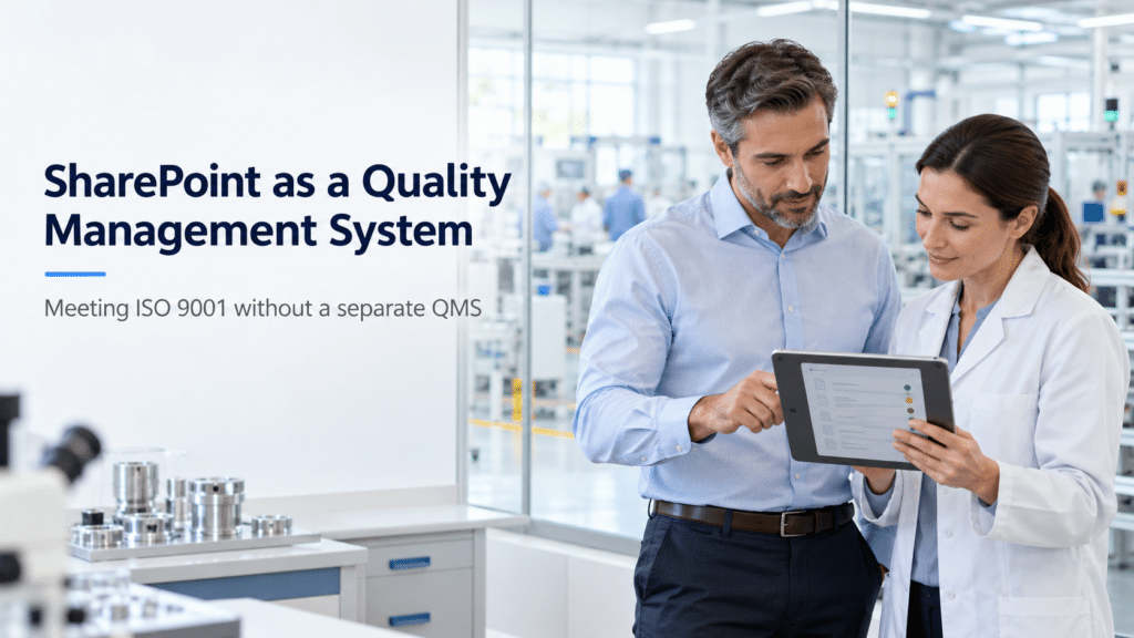 Quality management professionals reviewing SharePoint document control and approval statuses on a tablet in a modern manufacturing quality lab.